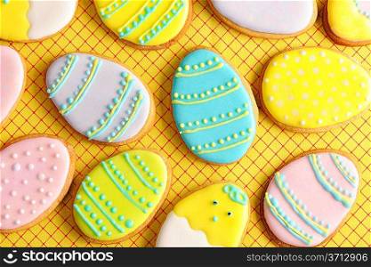 Easter homemade gingerbread cookie over tablecloth