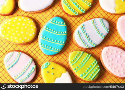 Easter homemade gingerbread cookie over tablecloth