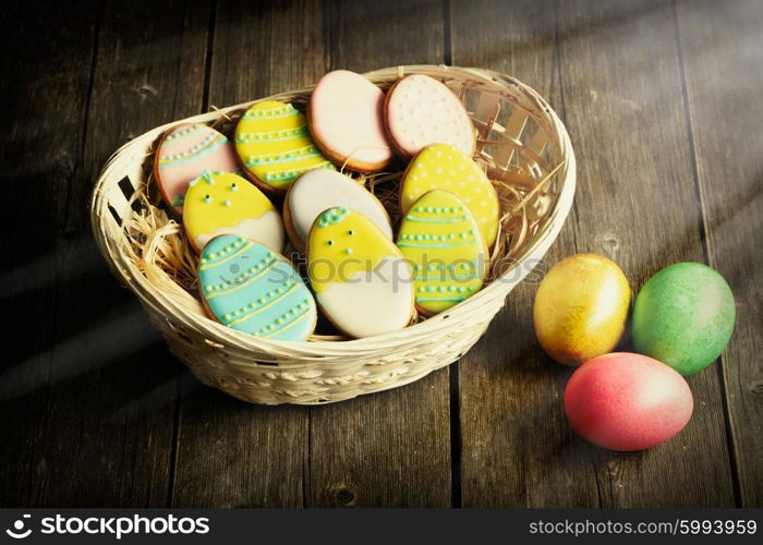 Easter homemade gingerbread cookie over wooden table