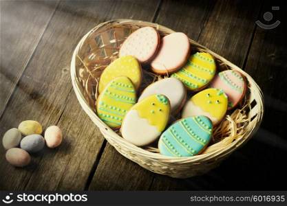 Easter homemade gingerbread cookie over wooden table