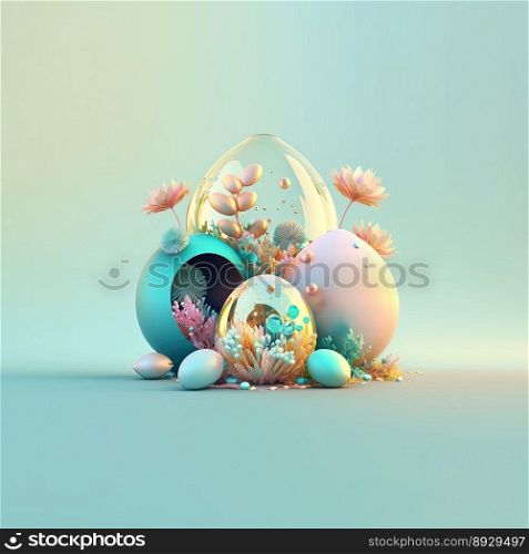 Easter Illustration Background with Copy Space In Glosy 3D Eggs and Flower Ornaments