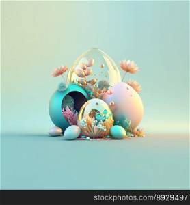 Easter Illustration Background with Copy Space In Glosy 3D Eggs and Flower Ornaments