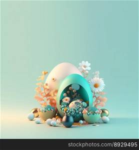 Easter Illustration Background with Copy Space In Shiny 3D Eggs and Flower Ornaments