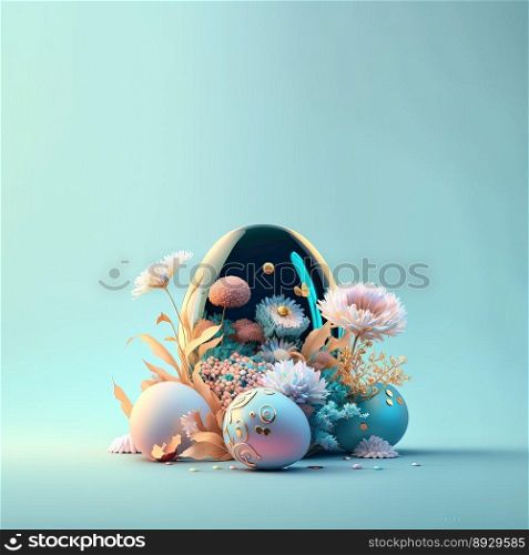 Easter Illustration Background with Glosy 3D Eggs and Flower Ornaments