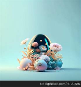 Easter Illustration Background with Glosy 3D Eggs and Flower Ornaments