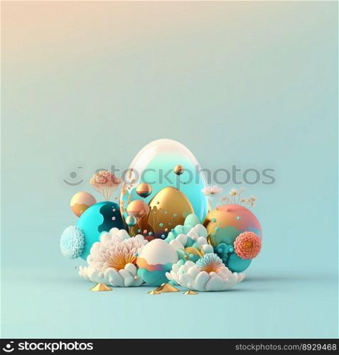 Easter Illustration Background with Glosy 3D Eggs and Flowers