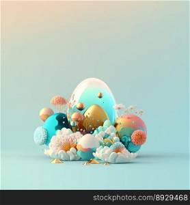 Easter Illustration Background with Glosy 3D Eggs and Flowers