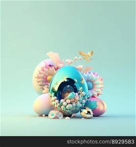 Easter Illustration Background with Shiny 3D Eggs and Flower Ornaments