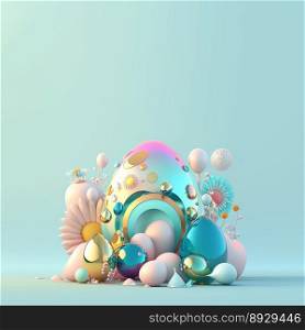 Easter Illustration Background with Shiny 3D Eggs and Flowers
