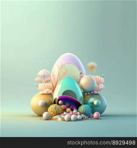Easter Illustration Greeting Card with Copy Space In Glosy 3D Eggs and Flower Ornaments