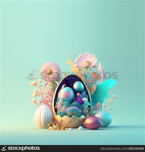 Easter Illustration Greeting Card with Copy Space In Shiny 3D Eggs and Flower Ornaments