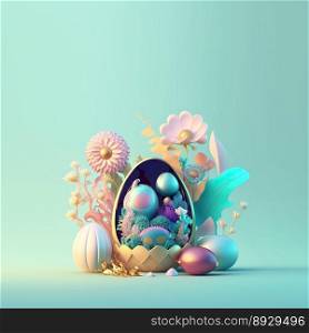 Easter Illustration Greeting Card with Copy Space In Shiny 3D Eggs and Flower Ornaments