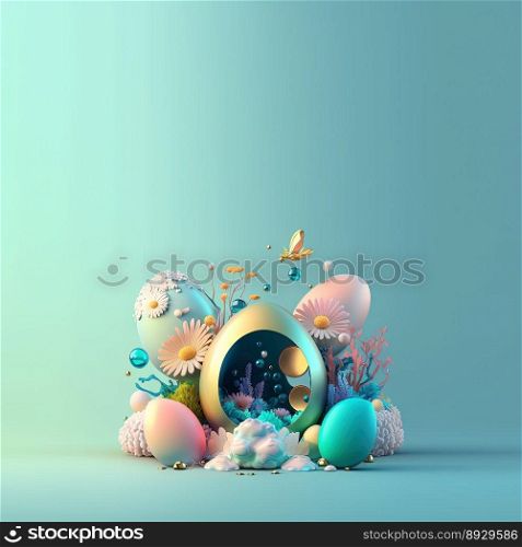 Easter Illustration Greeting Card with Glosy 3D Eggs and Flower Ornaments