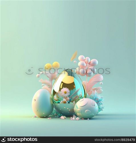 Easter Illustration Greeting Card with Glosy 3D Eggs and Flowers
