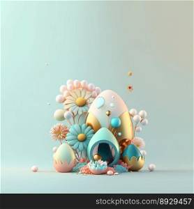 Easter Illustration Greeting Card with Shiny 3D Eggs and Flowers