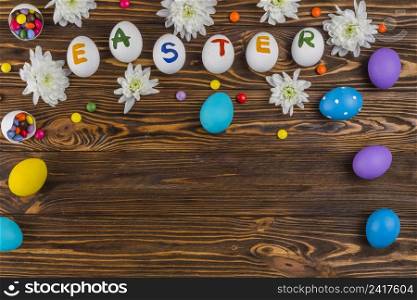 easter inscription white eggs with flowers