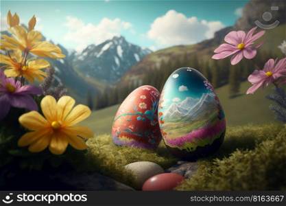 Easter landscape with easter eggs and flowers on mountain background, digital illustration painting, Generative AI
