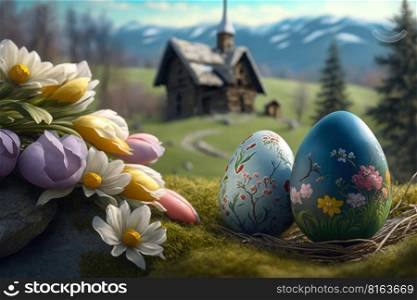 Easter landscape with easter eggs and flowers on mountain background, digital illustration painting, Generative AI