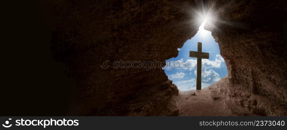 Easter morning, Golgotha hill with silhouettes of the cross, Resurrection background with sunlight, abstract background with copy space for text