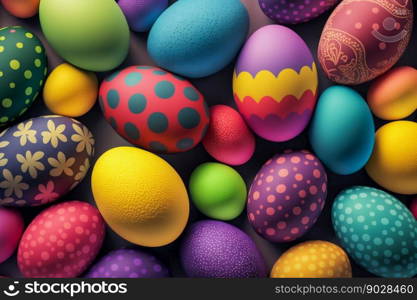 Easter Painted Eggs Colourful Pattern Background. Generative AI. High quality illustration. Easter Painted Eggs Colourful Pattern Background. Generative AI