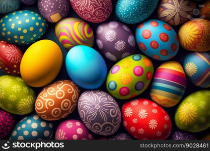 Easter Painted Eggs Colourful Pattern Background. Generative AI. High quality illustration. Easter Painted Eggs Colourful Pattern Background. Generative AI