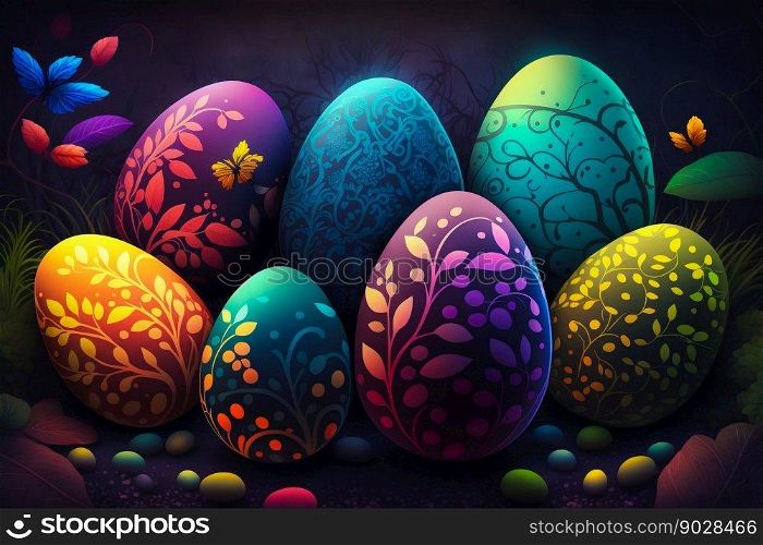 Easter Painted Eggs Colourful Pattern Background. Generative AI. High quality illustration. Easter Painted Eggs Colourful Pattern Background. Generative AI