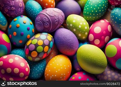 Easter Painted Eggs Colourful Pattern Background. Generative AI. High quality illustration. Easter Painted Eggs Colourful Pattern Background. Generative AI