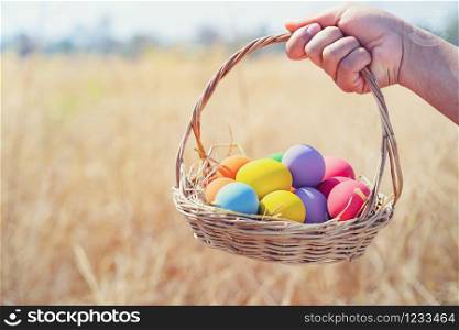 easter painted eggs in basket hand holding over meadow