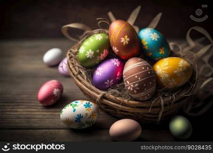 Easter Painted Eggs in Basket on Wooden Background. Generative AI. High quality illustration. Easter Painted Eggs in Basket on Wooden Background. Generative AI