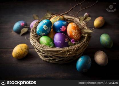 Easter Painted Eggs in Basket on Wooden Background. Generative AI. High quality illustration. Easter Painted Eggs in Basket on Wooden Background. Generative AI