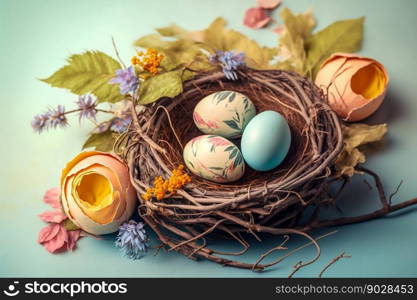 Easter Painted Eggs in Nest isolated. Generative AI. High quality illustration. Easter Painted Eggs in Nest isolated. Generative AI