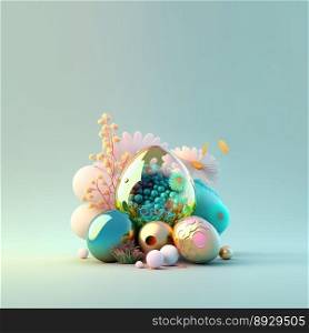 Easter Party Background with Copy Space In Glosy 3D Eggs and Flower Ornaments