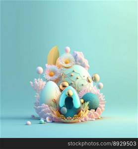 Easter Party Background with Copy Space In Shiny 3D Eggs and Flower Ornaments