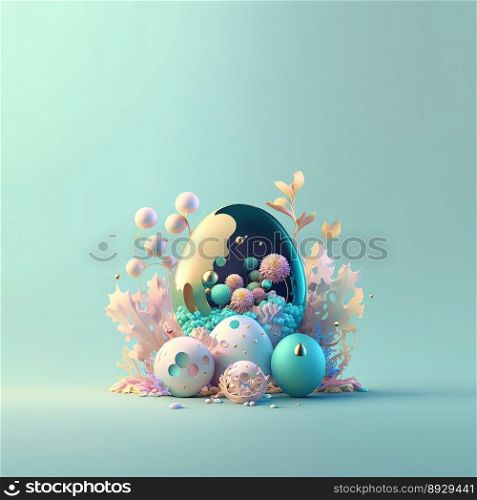 Easter Party Background with Glosy 3D Eggs and Flower Ornaments