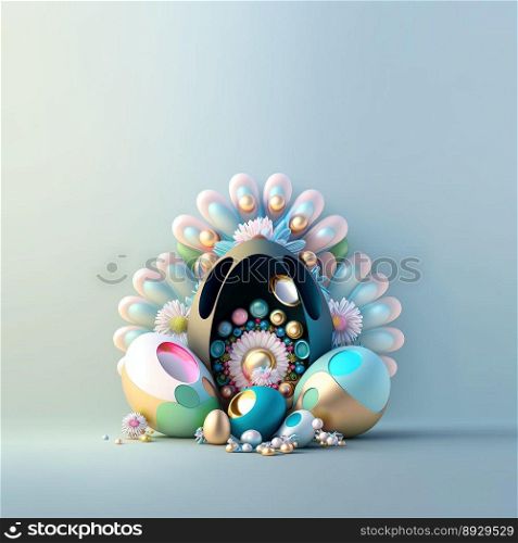 Easter Party Background with Glosy 3D Eggs and Flowers