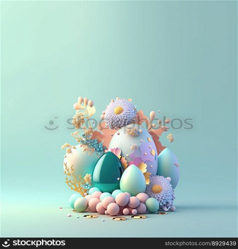 Easter Party Background with Shiny 3D Eggs and Flower Ornaments