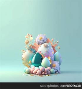 Easter Party Background with Shiny 3D Eggs and Flower Ornaments