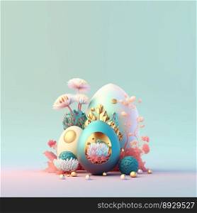 Easter Party Background with Shiny 3D Eggs and Flowers