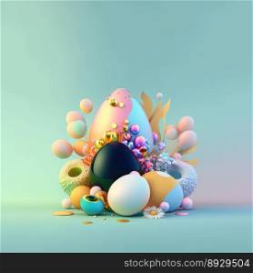 Easter Party Greeting Card with Copy Space In Shiny 3D Eggs and Flower Ornaments