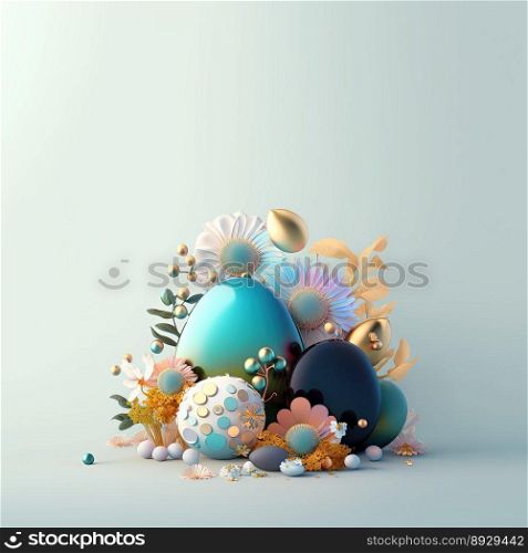 Easter Party Greeting Card with Glosy 3D Eggs and Flower Ornaments