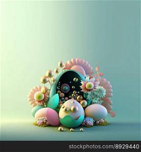 Easter Party Greeting Card with Shiny 3D Eggs and Flower Ornaments