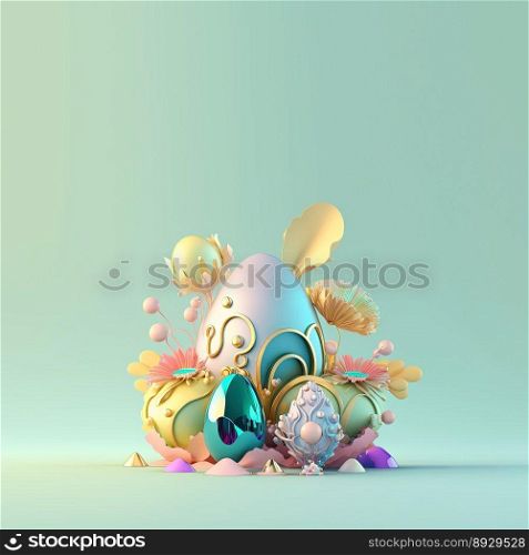 Easter Party Greeting Card with Shiny 3D Eggs and Flowers