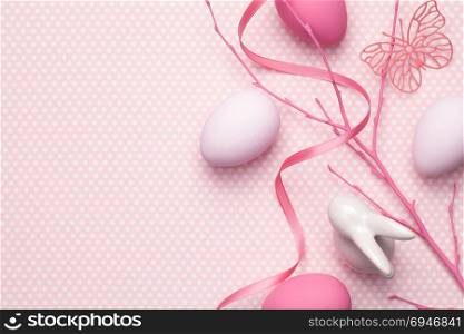 Easter pastel background. Copy space. Top view
