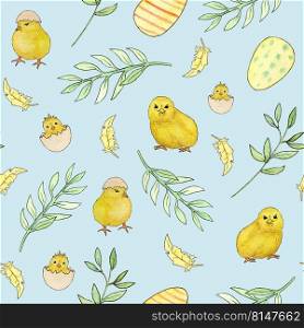 Easter pattern. Watercolor seamless pattern with little chickens and green twigs, with Easter eggs and feathers. Easter pattern. Watercolor seamless pattern with little chickens and green twigs, with Easter eggs and feathers.