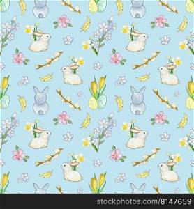 Easter pattern. Watercolor seamless pattern with rabbits, eggs, crocus flowers and a willow branch. Flowers of apple, cherry and daffodil. Easter pattern. Watercolor seamless pattern with rabbits, eggs, crocus flowers and a willow branch. Flowers of apple, cherry and daffodil.