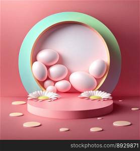 Easter Podium Scene with Pink 3D Render Eggs Decoration for Product Presentation