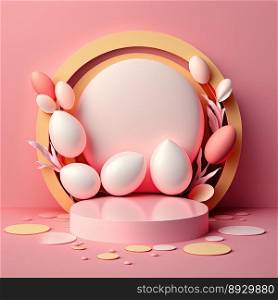 Easter Podium Stage with Pink 3D Render Eggs Decoration for Product Exhibition