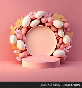 Easter Podium Stage with Pink 3D Render Eggs Decoration for Product Presentation