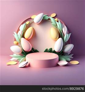 Easter Podium Stage with Pink 3D Render Eggs Decorative for Product Presentation