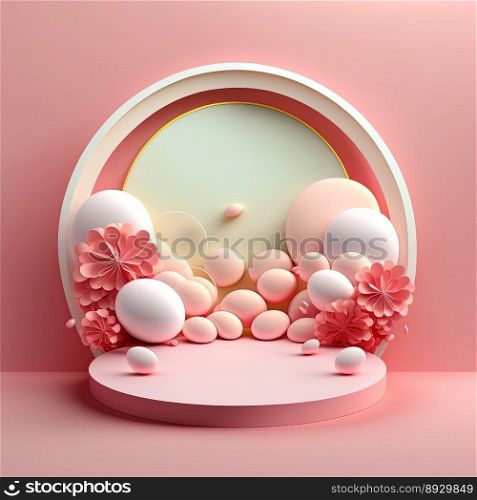 Easter Podium Stand with Pink 3D Render Eggs Decoration for Product Display